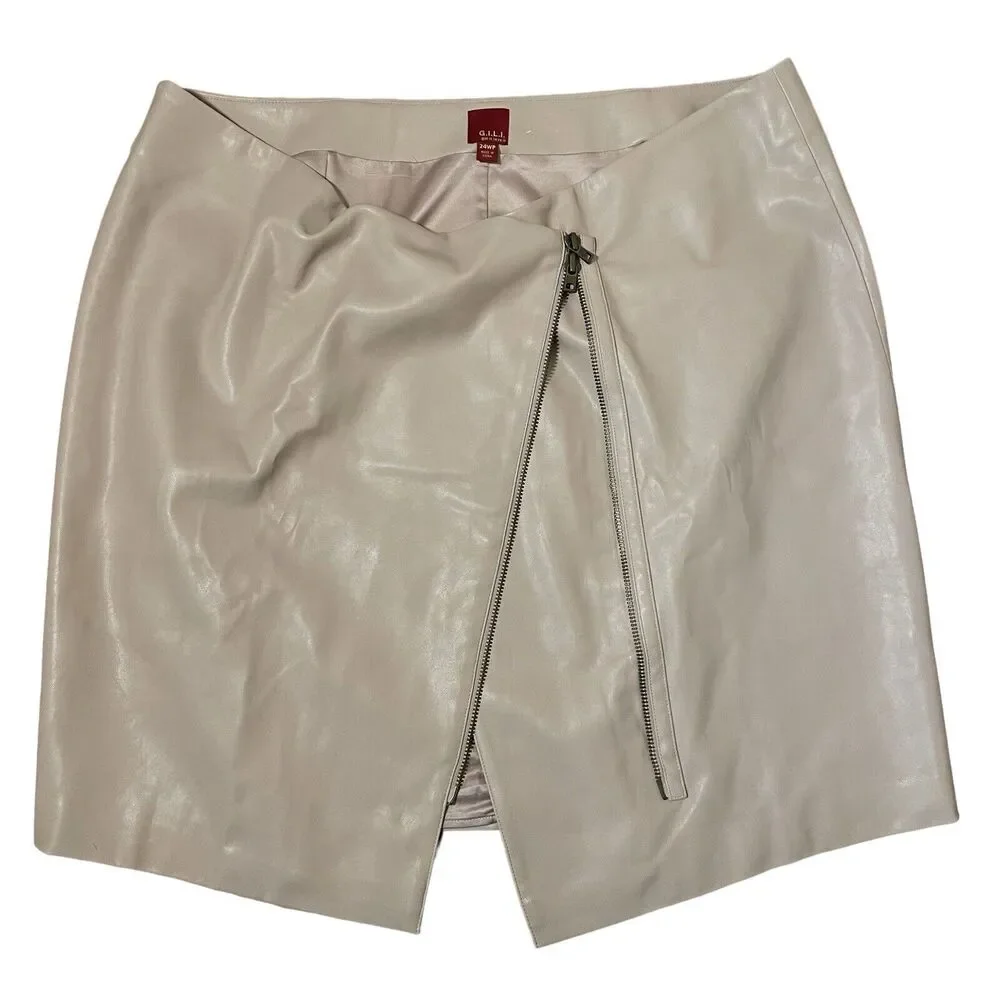 GILI Faux Leather Motorcycle Skirt 24 p QVC BUTTERY SOFT Beige Zipper Close Wrap